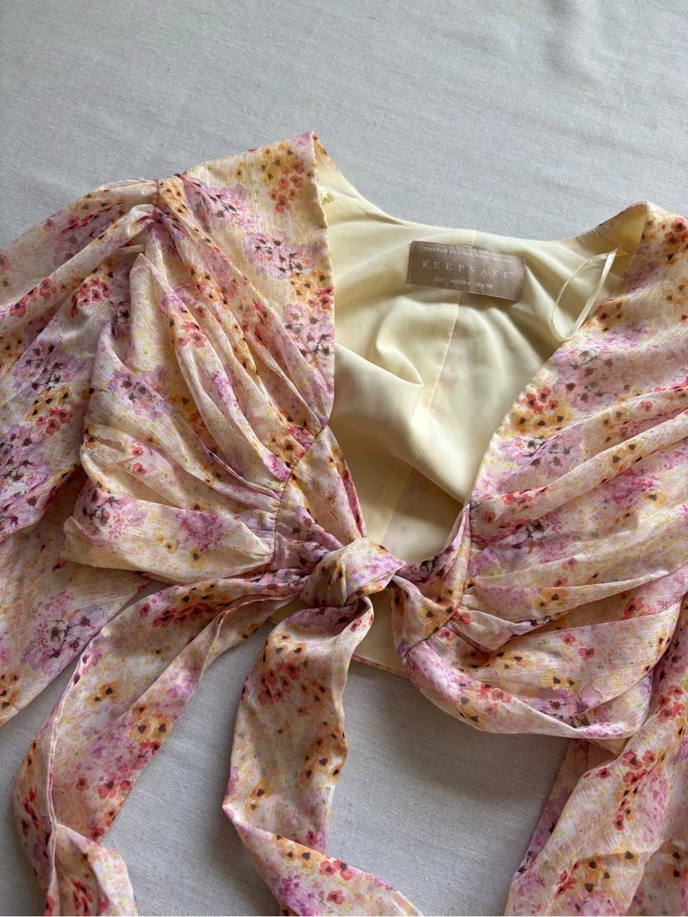 Keepsake Front Tie Floral Puff Sleeve Cropped Blouse Pink Beige XXS